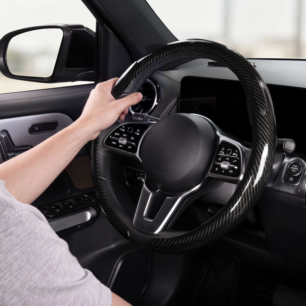 Installed view of glossy black carbon-fiber-style steering wheel cover for 14.5-15 Inch Wheels with driver holding the wheel#color=glossy black