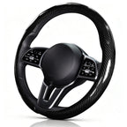 Angled front view of glossy black carbon-fiber-style steering wheel cover for 14.5-15 Inch Wheels#color=glossy black
