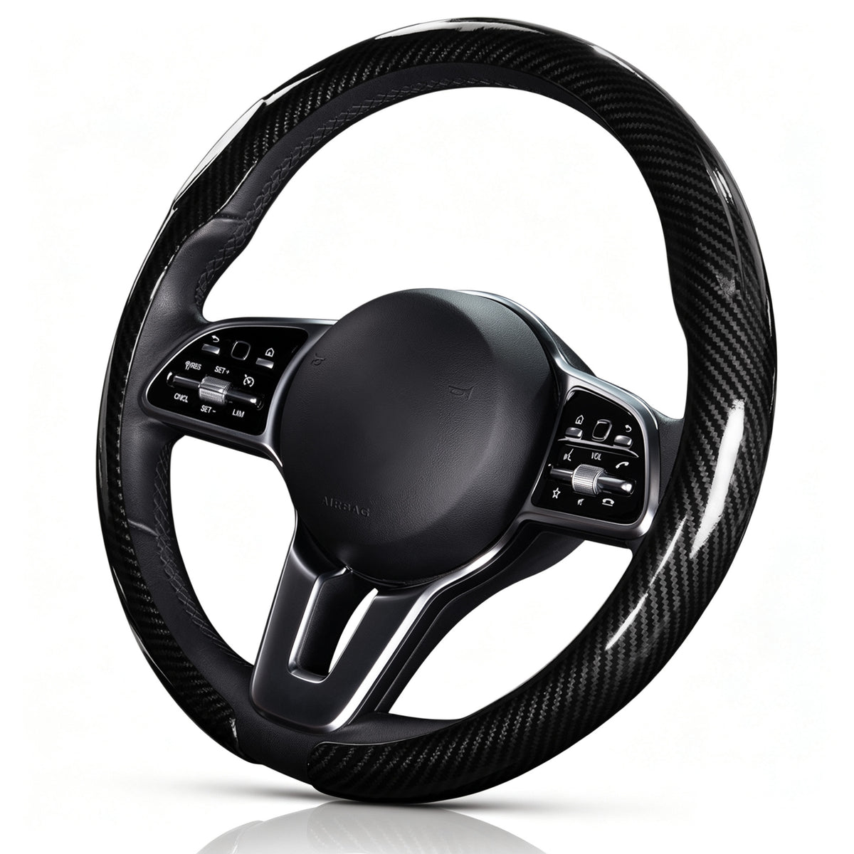 Angled front view of glossy black carbon-fiber-style steering wheel cover for 14.5-15 Inch Wheels#color=glossy black