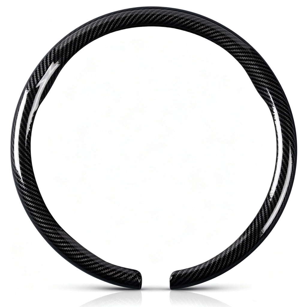 Front view of a glossy black carbon-fiber-style steering wheel cover set for 14.5-15 Inch Wheels#color=glossy black