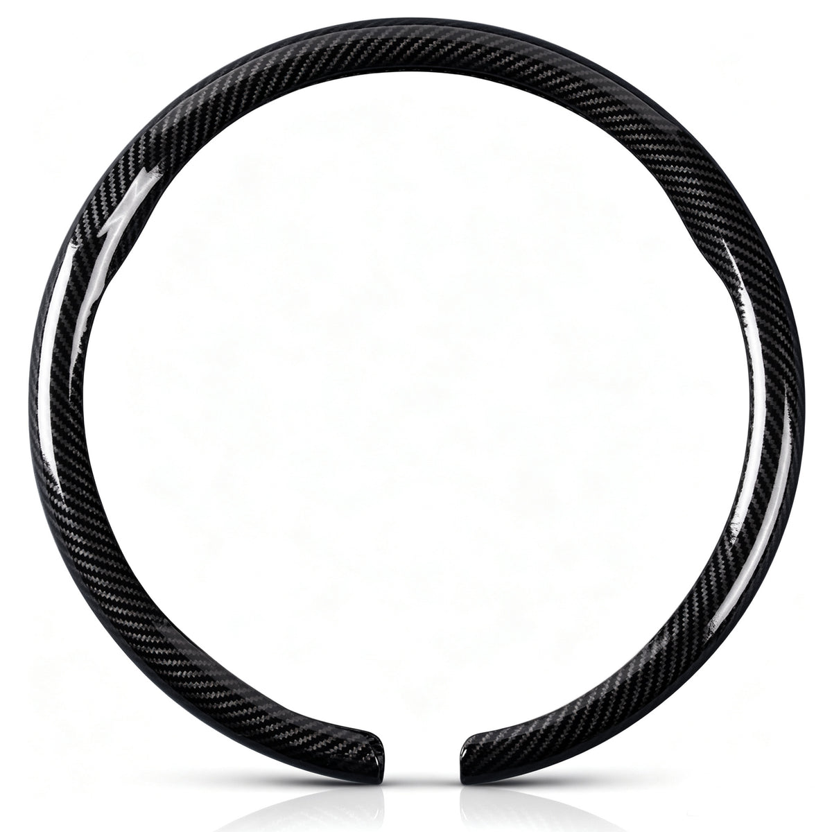 Front view of a glossy black carbon-fiber-style steering wheel cover set for 14.5-15 Inch Wheels#color=glossy black