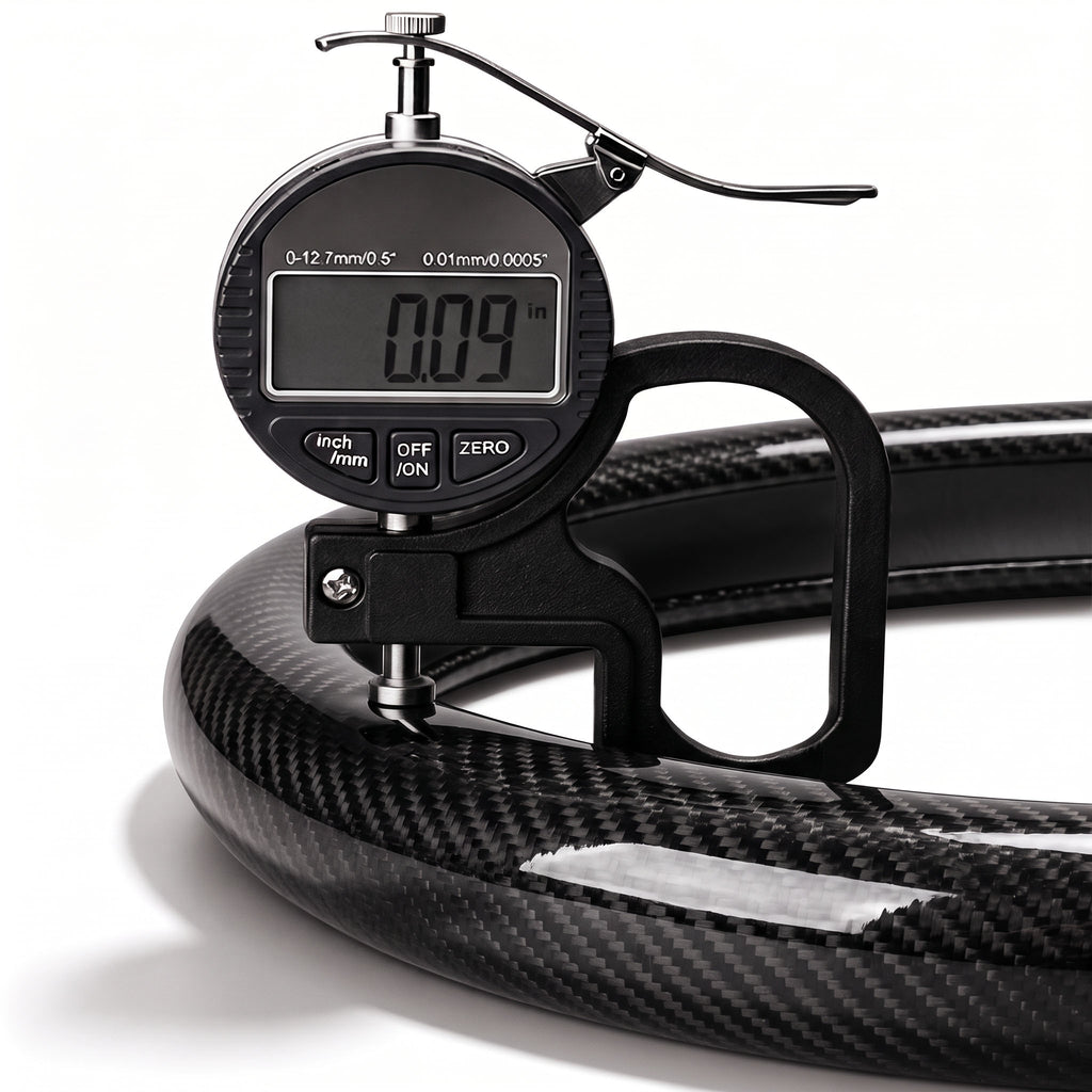 Digital thickness gauge showing the 0.09-inch ultra-slim profile of a glossy black carbon-fiber-style steering wheel cover#color=glossy black