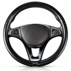 Front view of matte black carbon-fiber-style steering wheel cover for 14.5-15 Inch Wheels#color=matte black