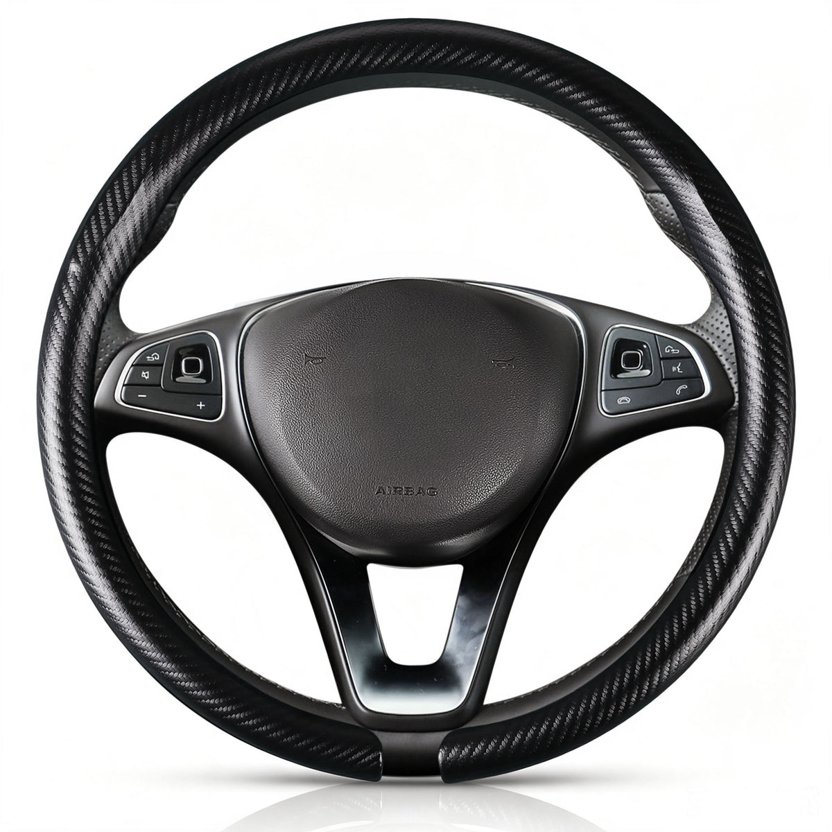 Front view of matte black carbon-fiber-style steering wheel cover for 14.5-15 Inch Wheels#color=matte black