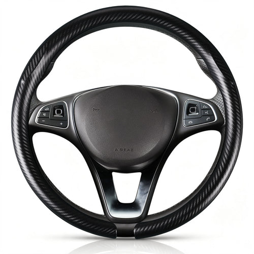 Front view of matte black carbon-fiber-style steering wheel cover for 14.5-15 Inch Wheels#color=matte black