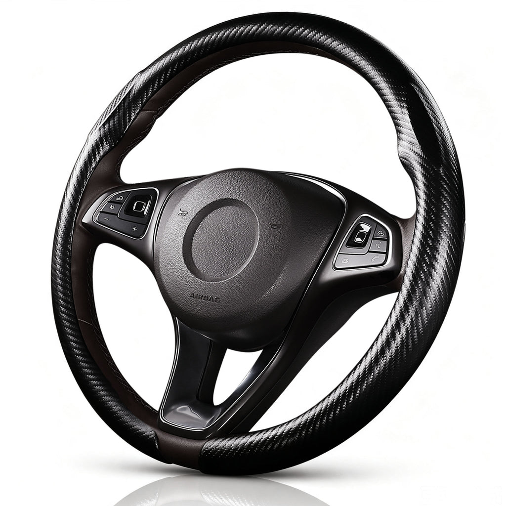 Angled front view of matte black carbon-fiber-style steering wheel cover for 14.5-15 Inch Wheels#color=matte black