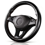 Angled front view of matte black carbon-fiber-style steering wheel cover for 14.5-15 Inch Wheels#color=matte black