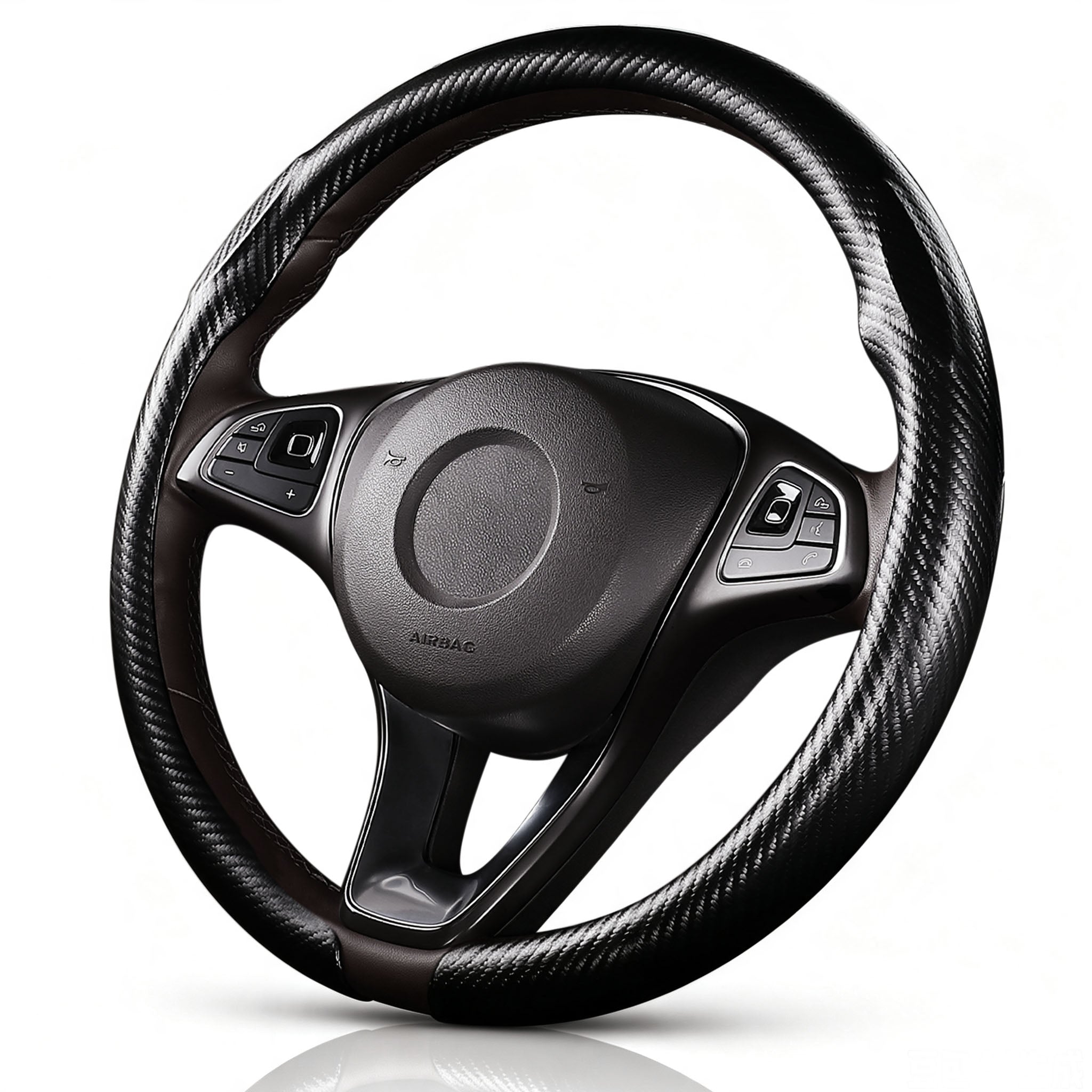 Angled front view of matte black carbon-fiber-style steering wheel cover for 14.5-15 Inch Wheels#color=matte black