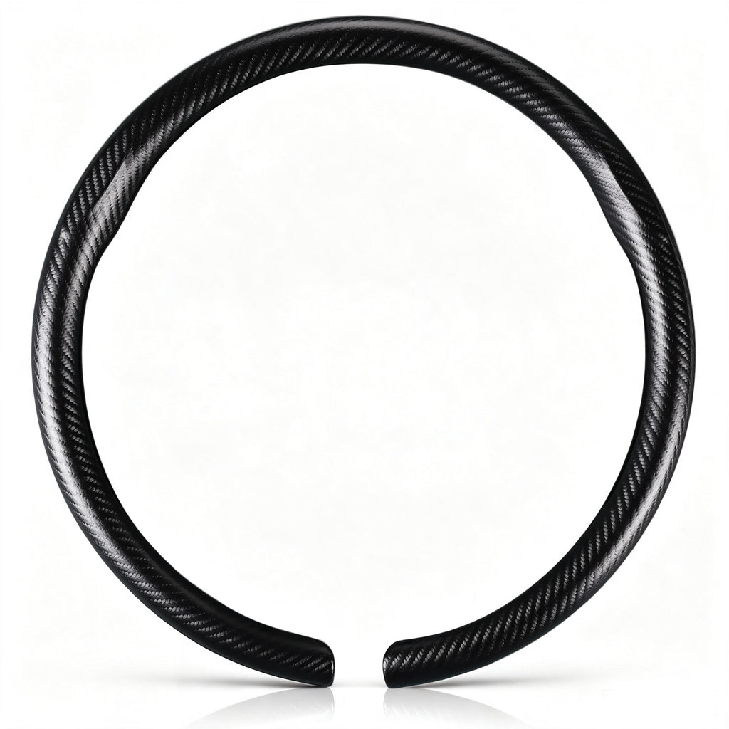 Front view of a matte black carbon-fiber-style steering wheel cover set for 14.5-15 Inch Wheels#color=matte black