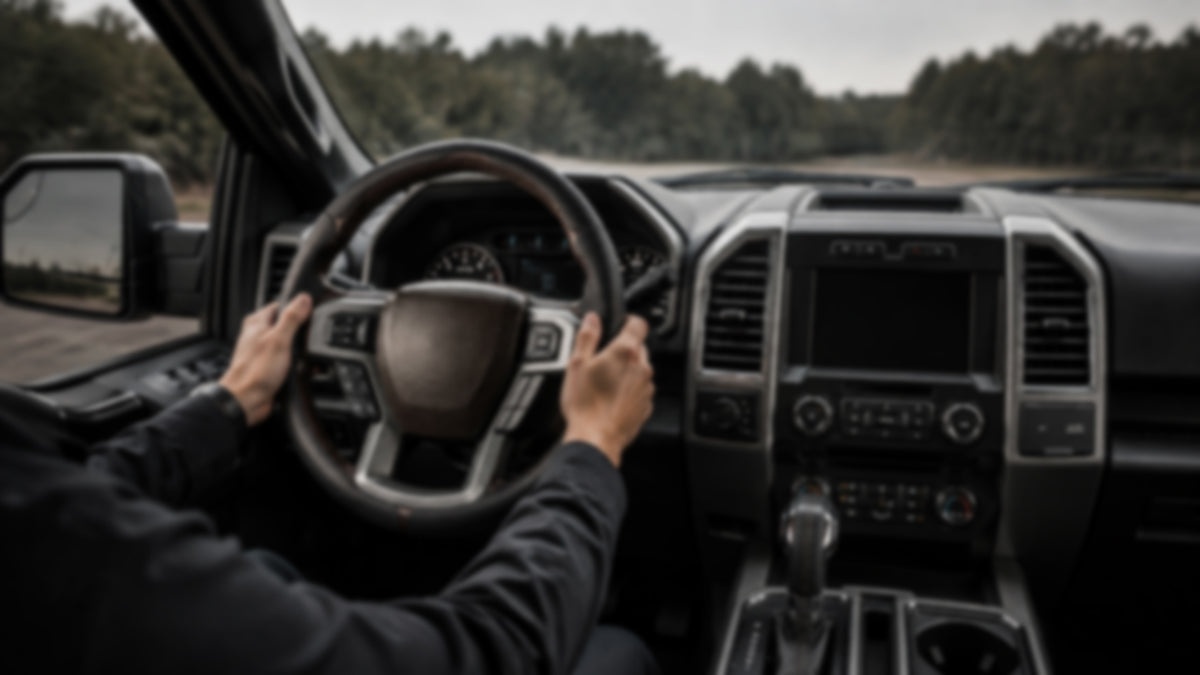 LOPHNIX steering wheel cover installed on 2015 Ford F-150, black perforated leather 3-piece snap-on design with premium truck interior