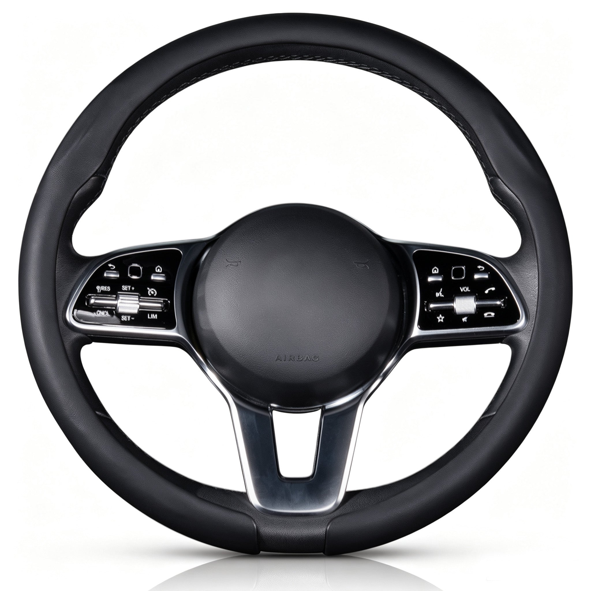 Front view of black leather steering wheel cover for 14.5-15 Inch Wheels#color=black leather