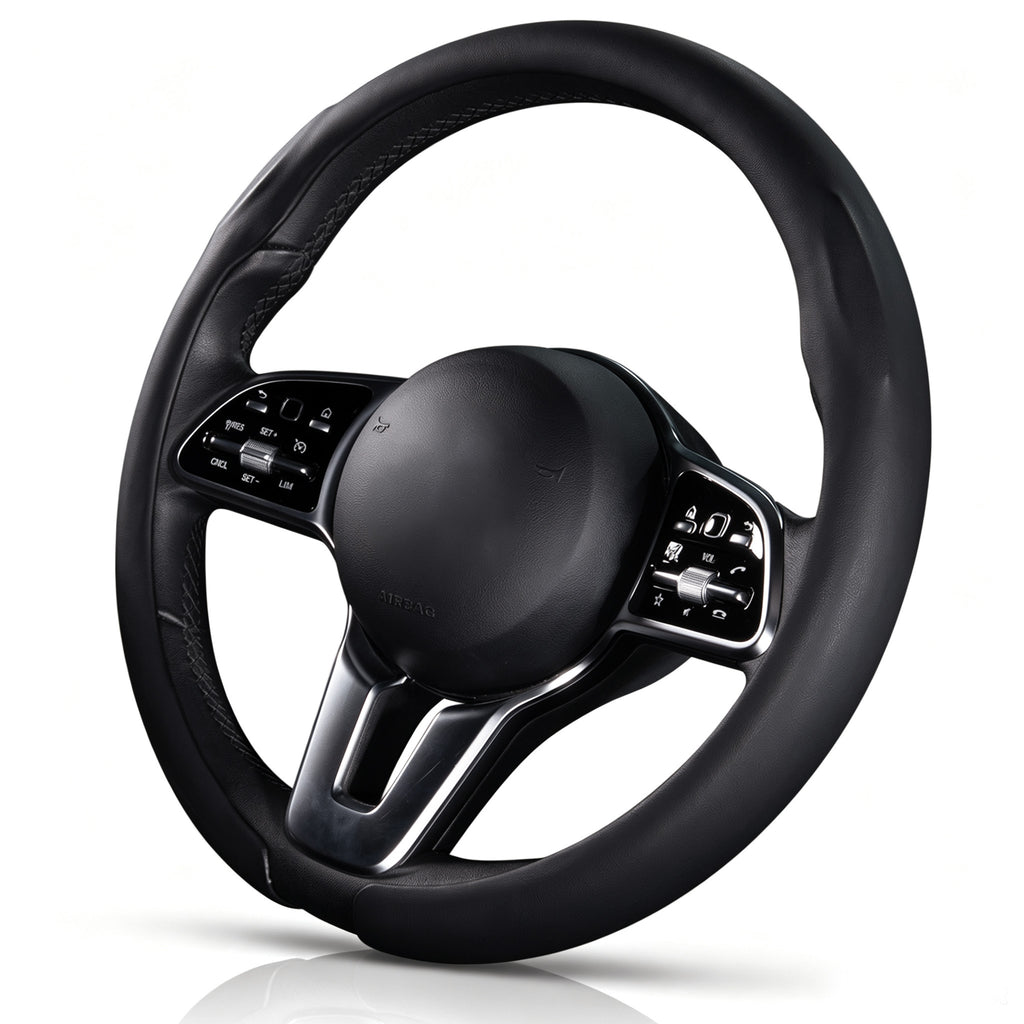Angled front view of black leather steering wheel cover for 14.5-15 Inch Wheels#color=black leather
