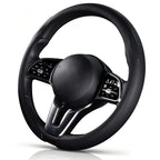 Angled front view of black leather steering wheel cover for 14.5-15 Inch Wheels#color=black leather