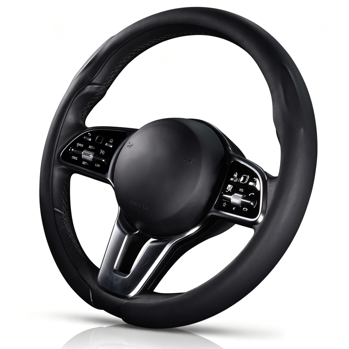 Angled front view of black leather steering wheel cover for 14.5-15 Inch Wheels#color=black leather