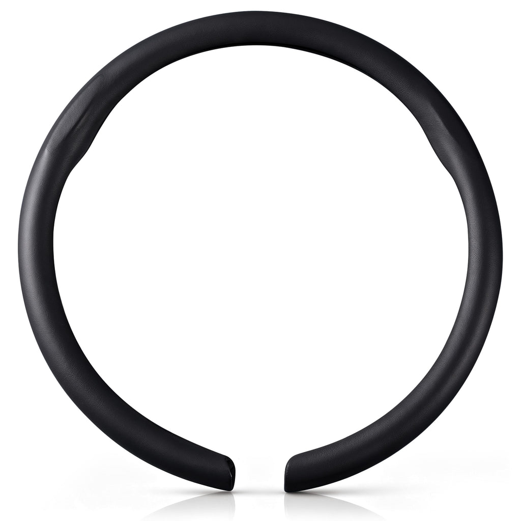 Front view of a black leather steering wheel cover set for 14.5-15 Inch Wheels#color=black leather