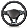 Front view of black perforated leather steering wheel cover for 14.5-15 Inch Wheels#color=black perforated leather