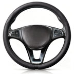Front view of black perforated leather steering wheel cover for 14.5-15 Inch Wheels#color=black perforated leather