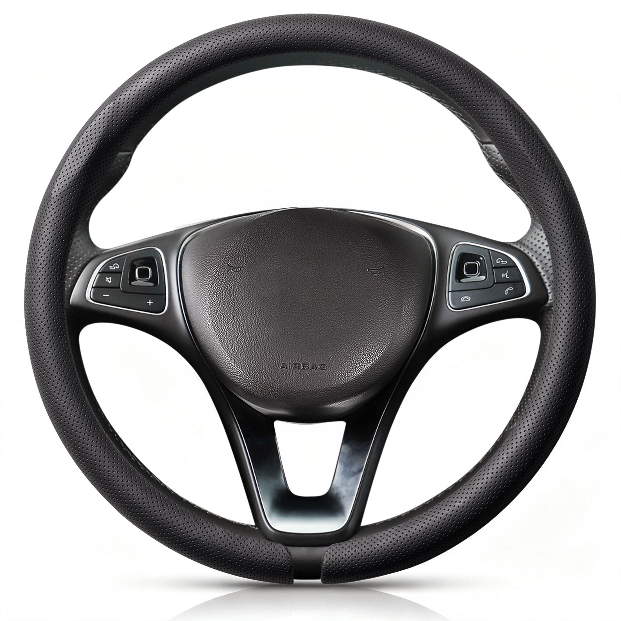 Front view of black perforated leather steering wheel cover for 14.5-15 Inch Wheels#color=black perforated leather