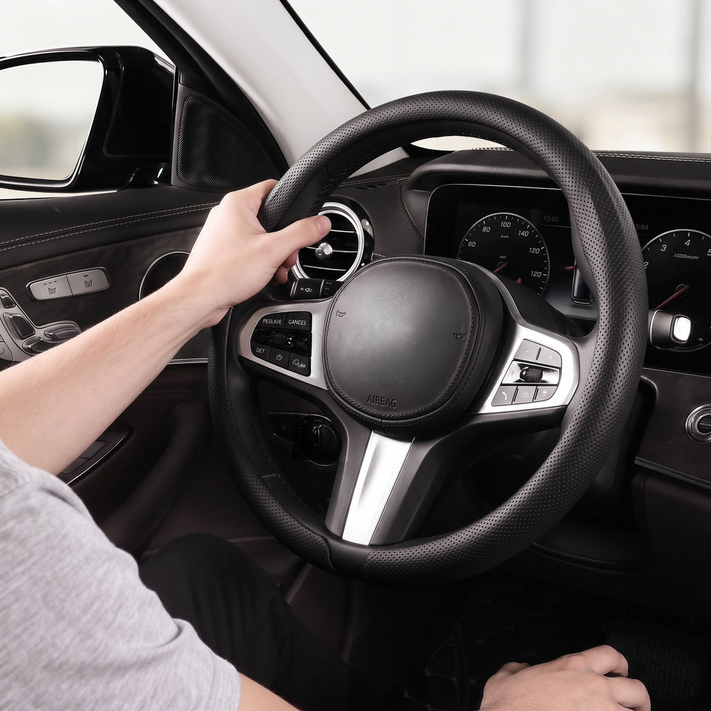 Installed view of black perforated leather steering wheel cover for 14.5-15 Inch Wheels with driver holding the wheel#color=black perforated leather