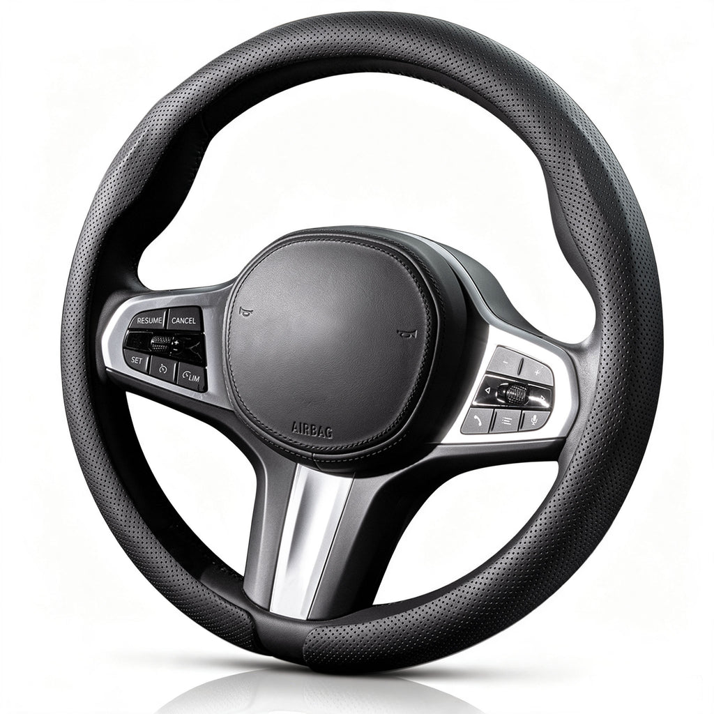 Angled front view of black perforated leather steering wheel cover for 14.5-15 Inch Wheels#color=black perforated leather