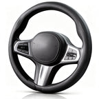 Angled front view of black perforated leather steering wheel cover for 14.5-15 Inch Wheels#color=black perforated leather
