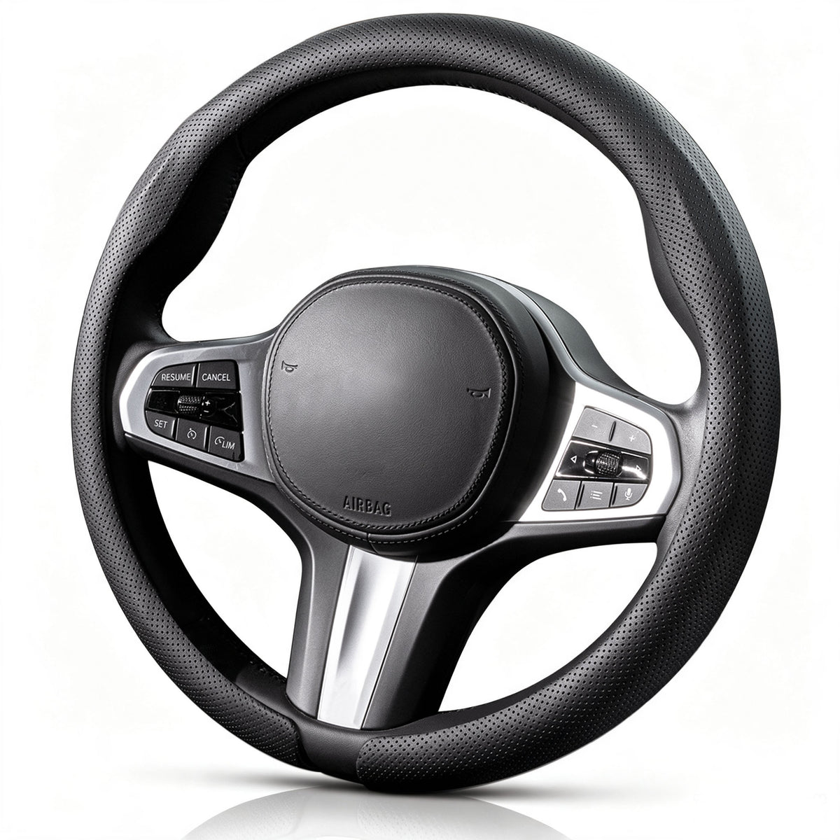 Angled front view of black perforated leather steering wheel cover for 14.5-15 Inch Wheels#color=black perforated leather