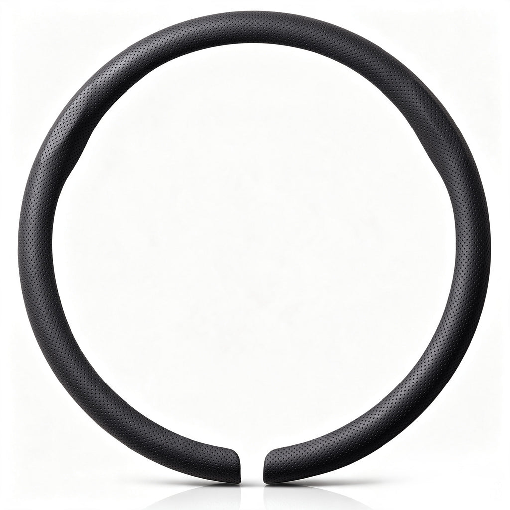 Front view of a black perforated leather steering wheel cover set for 14.5-15 Inch Wheels#color=black perforated leather