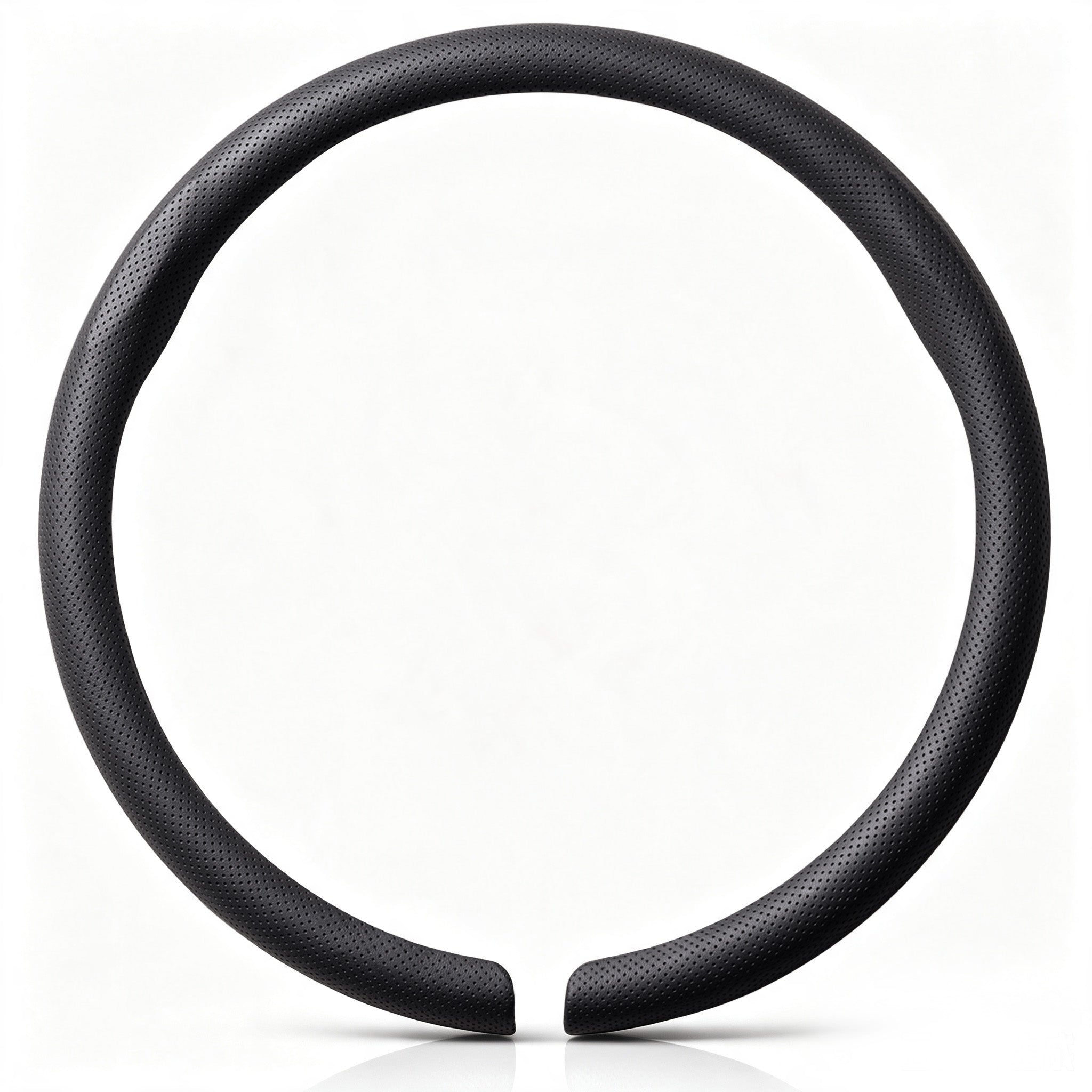 Front view of a black perforated leather steering wheel cover set for 14.5-15 Inch Wheels#color=black perforated leather