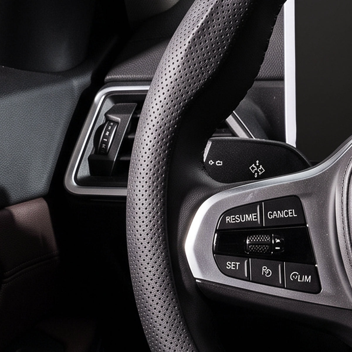 Close-up of a black perforated leather steering wheel cover for 14.5-15 Inch Wheels