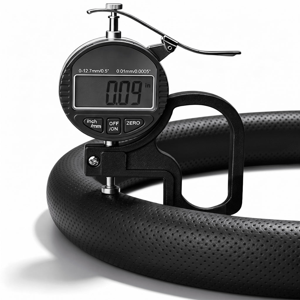 Digital thickness gauge showing the 0.09-inch ultra-slim profile of a black perforated leather steering wheel cover#color=black perforated leather