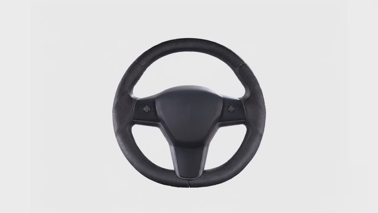 LOPHNIX 3-piece steering wheel cover for Tesla Model 3 and Tesla Model Y installation video showing easy assembly and custom fit design